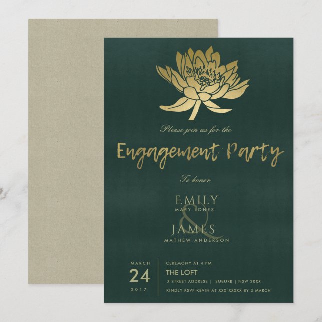 GLAMOROUS GOLD DARK GREEN LOTUS FLORAL VERLOBUNG EINLADUNG (Vorne/Hinten)