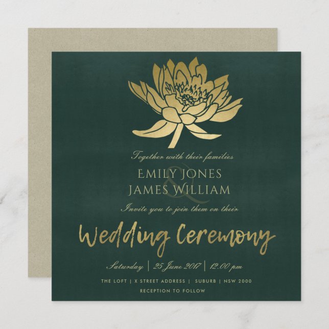 GLAMOROUS GOLD DUNKEL GREEN LOTUS FLUSSBREITE EINLADUNG (Vorne/Hinten)