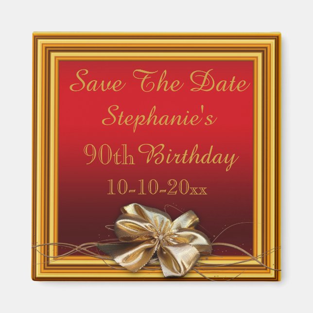 Glamorous Gold Frame & Falsch Bow 90th Birthday Magnet (Vorne)