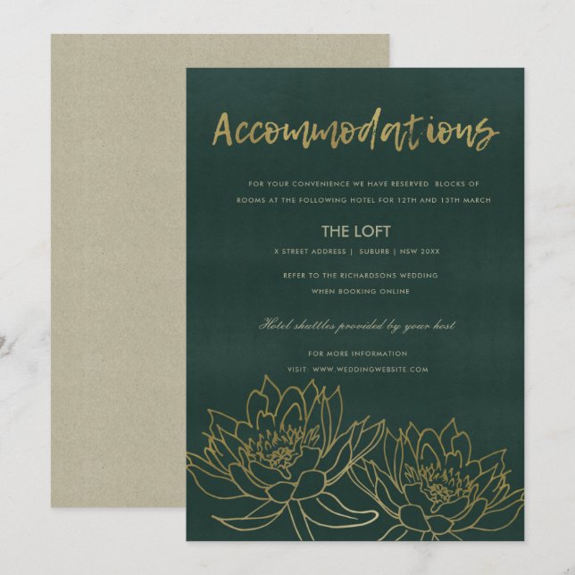 GLAMOROUS GOLD GREEN LOTUS FLORAL UNTERKUNFT EINLADUNG (Vorne/Hinten)