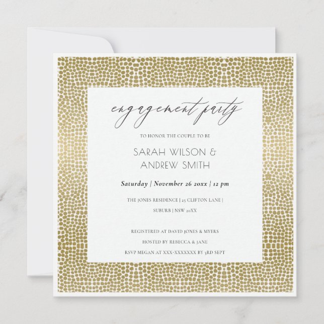 GLAMOROUS GOLD WHITE DOTS MOSAIC VERLOBUNG EINLADUNG (Vorderseite)