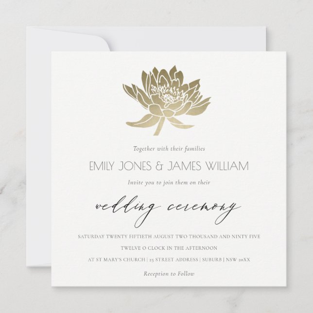 GLAMOROUS GOLD WHITE KRAFT LOTUS BLUMENWEDD EINLADUNG (Vorderseite)