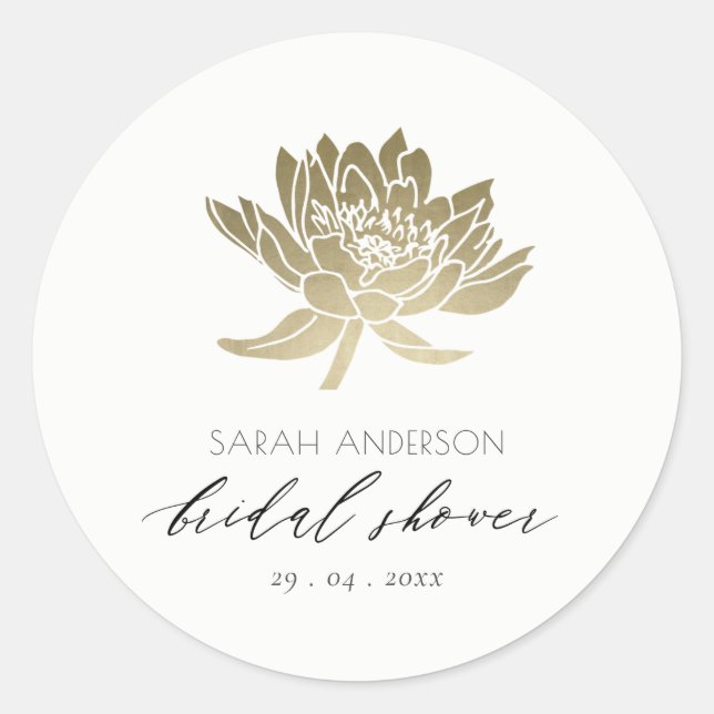 GLAMOROUS GOLD WHITE LOTUS FLORAL BRAUTPARTY RUNDER AUFKLEBER (Vorderseite)