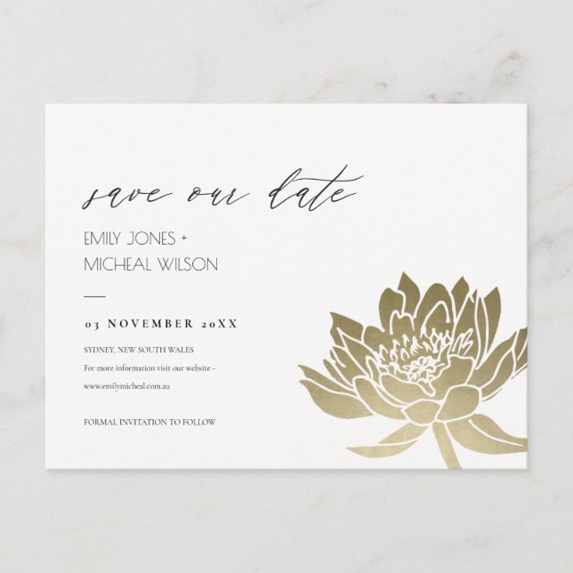 GLAMOROUS GOLD WHITE LOTUS FLORAL SAVE THE DATE ANKÜNDIGUNGSPOSTKARTE (Vorderseite)
