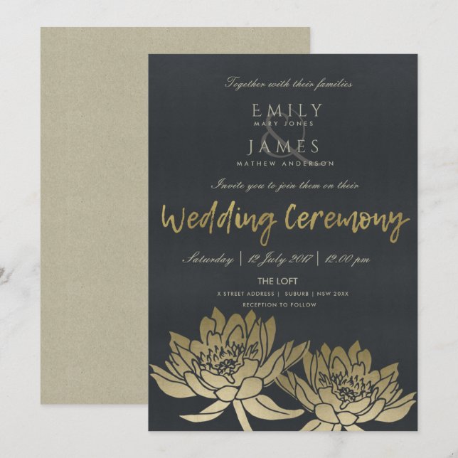 GLAMOROUS PALE GOLD BLACK LOTUS BLÖDLICHE WEDD EINLADUNG (Vorne/Hinten)