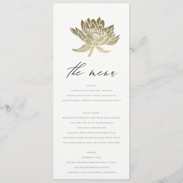 GLAMOROUS PALE GOLD WHITE KRAFT LOTUS FLORAL MENÜ MENÜKARTE (Vorderseite)