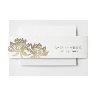 GLAMOROUS PALE GOLD WHITE LOTUS FLORAL MONOGRAMM EINLADUNGSBANDEROLE