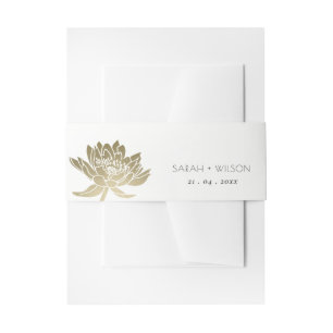GLAMOROUS PALE GOLD WHITE LOTUS FLORAL MONOGRAMM EINLADUNGSBANDEROLE