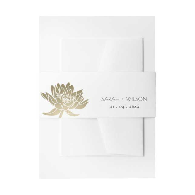 GLAMOROUS PALE GOLD WHITE LOTUS FLORAL MONOGRAMM EINLADUNGSBANDEROLE (Vorderseite Beispiel)