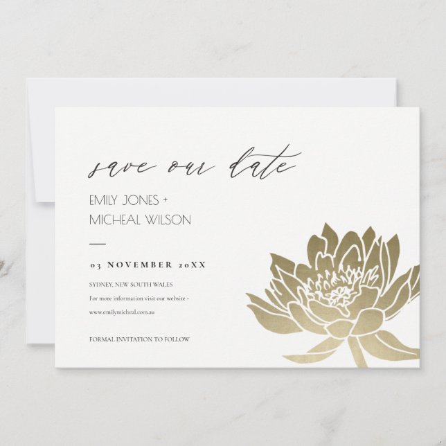 GLAMOROUS PALE GOLD WHITE LOTUS SAVE THE DATE (Vorderseite)
