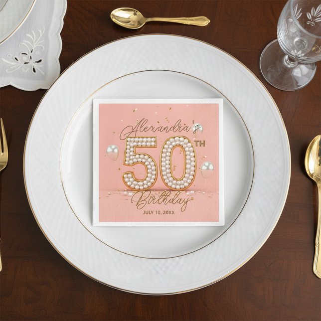 Glamorous Pearly Soft Pink and Gold 50th Birthday Serviette (Von Creator hochgeladen)