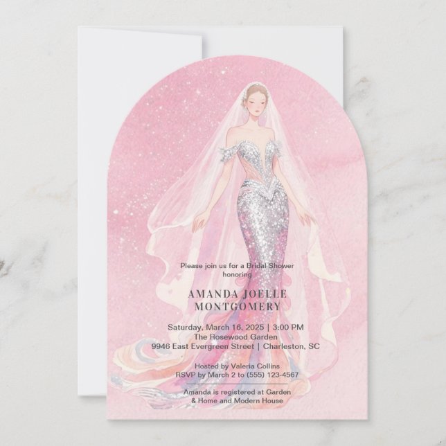 Glamorous Pink Glitter Mermaid Style Bride Dressed Einladung (Vorderseite)