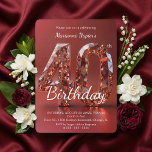 Glamorous Rose Gold Gemstone 40th Birthday Einladung<br><div class="desc">Set the stage for a spectacular milestone celebration with this glamorous rose gold gemstone 40th birthday party invitation. Featuring a stunning, 3D faceted diamond-style "40" against a rich burgundy red background, this luxurious design perfectly captures the elegance of a sophisticated adult birthday event. The sparkling metallic jewel tones and beautiful...</div>