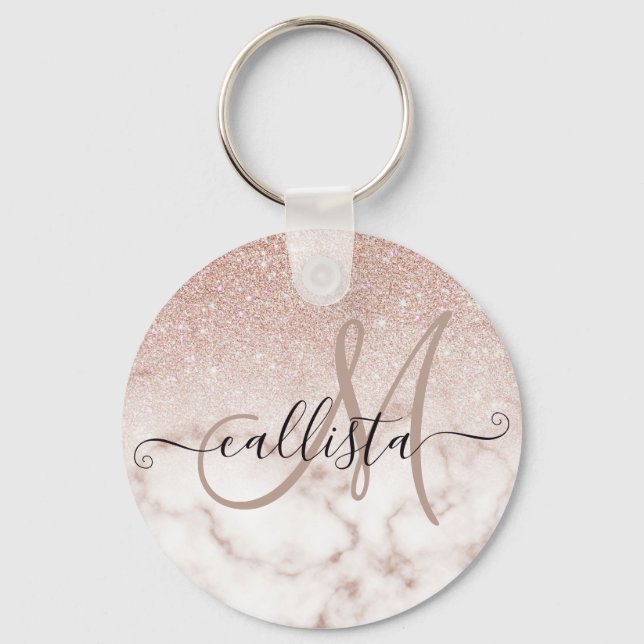Glamorous Rose Gold White Glitter Marble Gradient Schlüsselanhänger (Vorderseite)