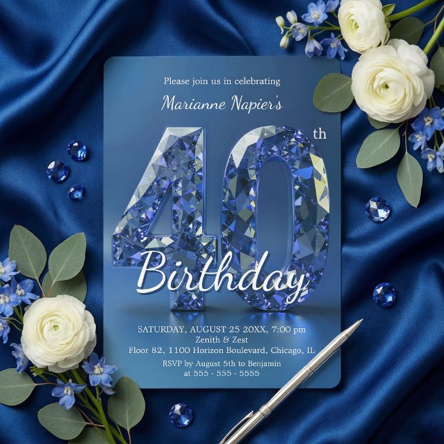 Glamorous Sapphire Blue Diamond 40th Birthday Einladung (Von Creator hochgeladen)