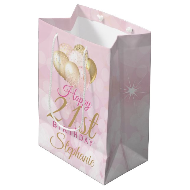Glamour 21. Geburtstagsballon Mittlere Geschenktüte (Vorderseite Schrägansicht)