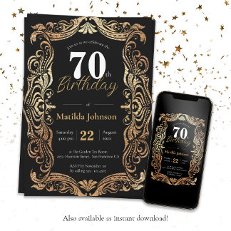 Glamour 70. Geburtstag Gold Black Boho Elegant Einladung
