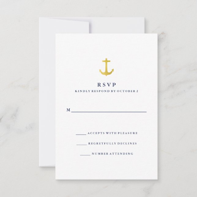 Glamour an der Küste | Gold Anker und Navy Blue UA RSVP Karte (Vorderseite)