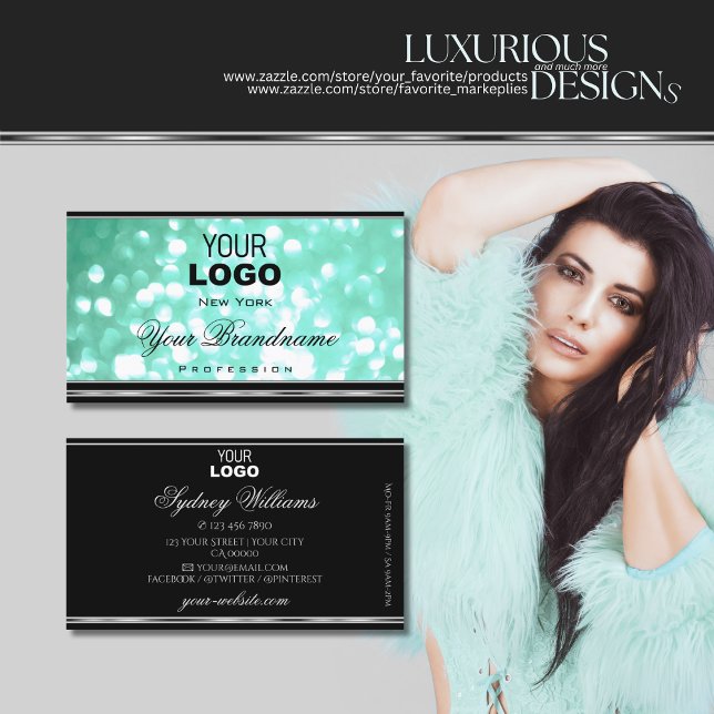 Glamour Aquamarin Glitzer Logo Schwarz Chic Silber Visitenkarte (Von Creator hochgeladen)