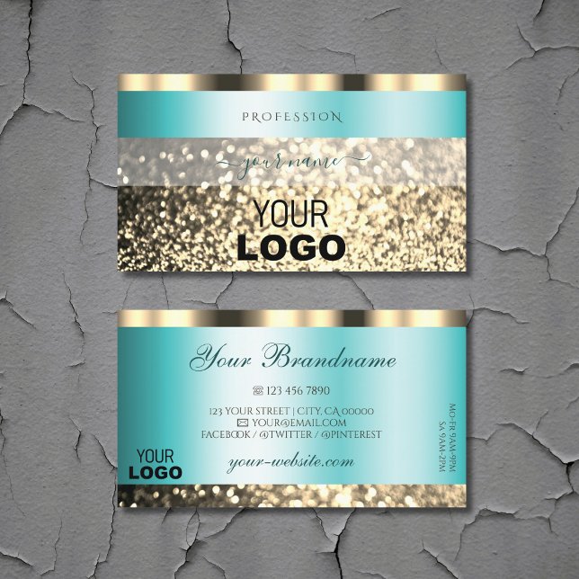 Glamour Aquamarin Gold Sparkling Glitzer mit Logo Visitenkarte (Von Creator hochgeladen)