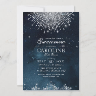 Glamour Art Deco Blue Quinceanera Einladung