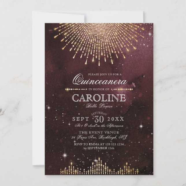 Glamour Art Deco Burgund Quinceanera Einladung (Vorderseite)