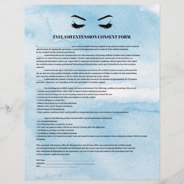 Glamour Azure EYELASH EXTENSION CONSENT FORMULAR Flyer (Vorne)