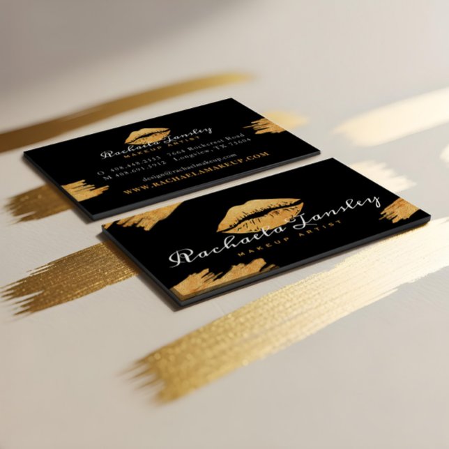 Glamour Beauty Black & Gold Liften Visitenkarte (Luxury Glamorous Black & Gold Lips Makeup Artist Business Card)