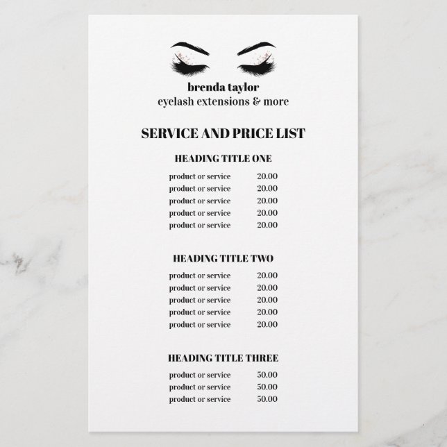 Glamour beeindruckend EYELASH SALON SERVICE LIST Flyer (Vorne)