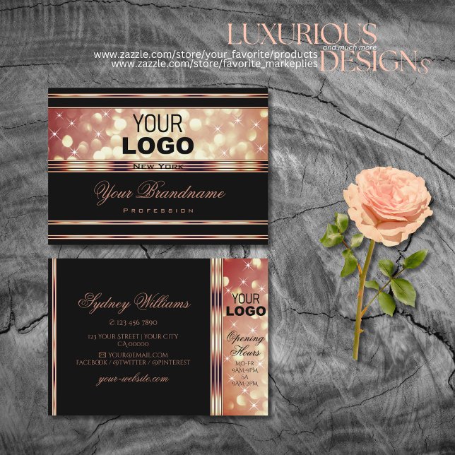 Glamour Black and Rose Gold Sparkor Glitzer Logo Visitenkarte (Von Creator hochgeladen)