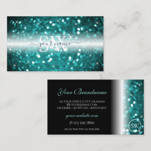 Glamour Black Aquamarin Sparkling Glitzer Monogram Visitenkarte