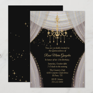 Glamour Black Blush und Gold Quinceañera Einladung