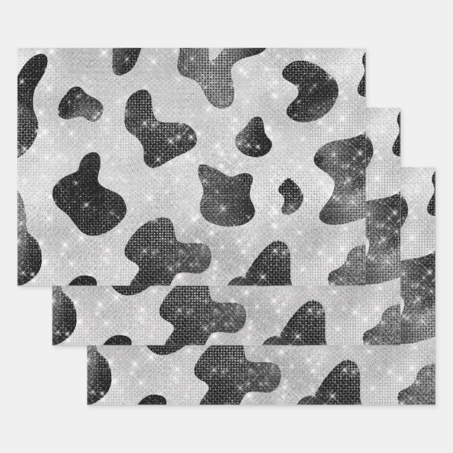 Glamour Black Funkelnd Glitzer Sequins Kuh Printin Geschenkpapier Set (Set)