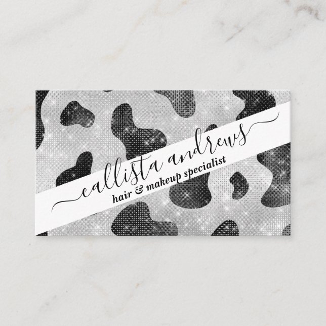 Glamour Black Funkelnd Glitzer Sequins Kuh Printin Visitenkarte (Vorderseite)