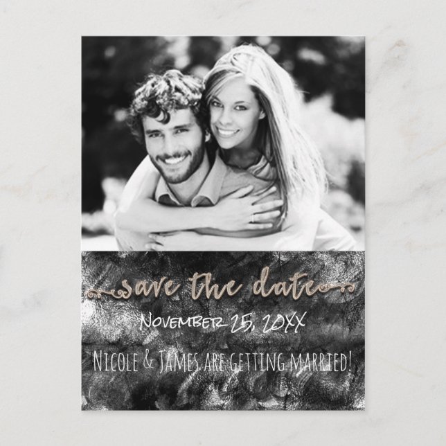 Glamour Black & Gold Chic Save the Date Foto Ankündigungspostkarte (Vorderseite)