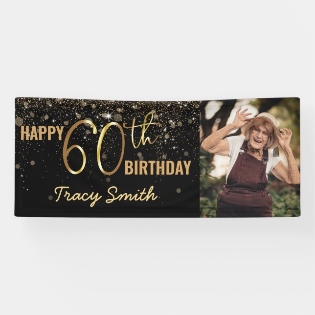 Glamour Black Gold Glitzer 60. Foto Geburtstag Banner (Horizontal)