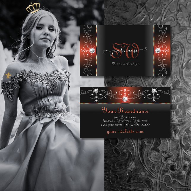 Glamour Black Lava Red Squiggled Jewels Monogram Visitenkarte (Von Creator hochgeladen)