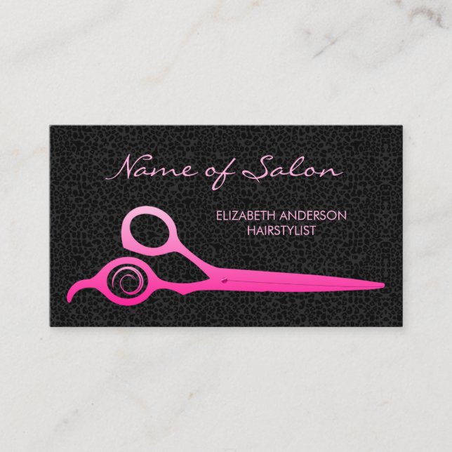 Glamour Black Leopard Pink Fairstylist Scheren Visitenkarte (Vorderseite)