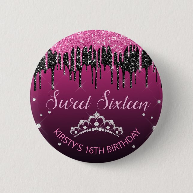 Glamour Black & Pink Dripping Glitzer Sweet 16 Button (Vorderseite)