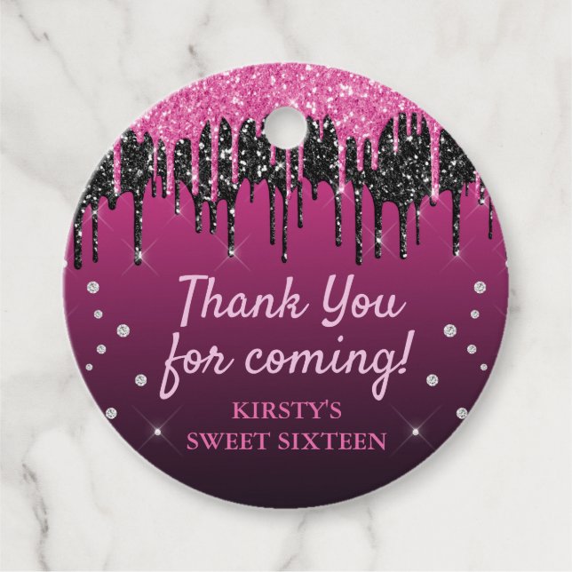 Glamour Black & Pink Dripping Glitzer Sweet 16 Geschenkanhänger (Vorderseite)