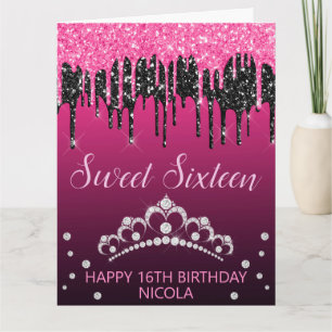 Glamour Black & Pink Dripping Glitzer Sweet 16 Karte