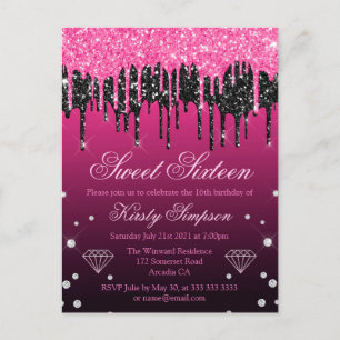 Glamour Black & Pink Dripping Glitzer Sweet 16 Postkarte