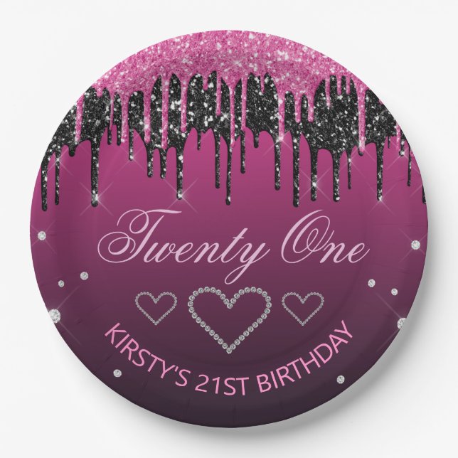 Glamour Black & Pink Driving Glitzer Geburtstag Pappteller (Vorderseite)