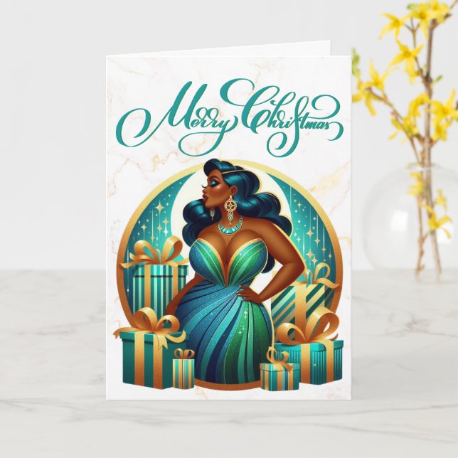 Glamour Black Woman Festive Stilvolle Weihnachten Karte (Gelbe Blume)