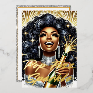 Glamour Black Woman Popping Champagne NYE Party Folieneinladung
