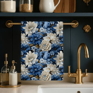 Glamour Blau Elfenbein Florales Luxus Küchentuch