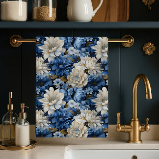 Glamour Blau Elfenbein Florales Luxus Küchentuch