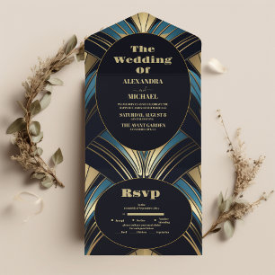 Glamour Blue and Gold Art Deco Hochzeit All In One Einladung