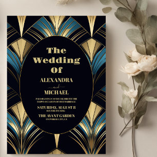 Glamour Blue and Gold Art Deco Hochzeit Einladung