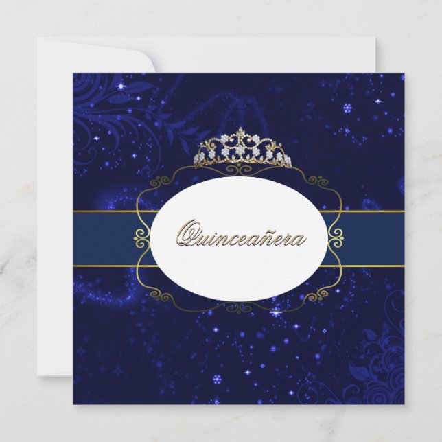 Glamour Blue and Gold Quinceñera Einladung (Vorderseite)